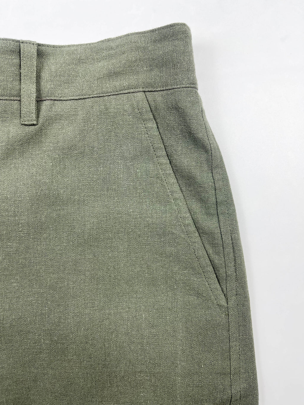 Front pocket detail of Army Green  linen Riviera Shorts – Saigon Concepts