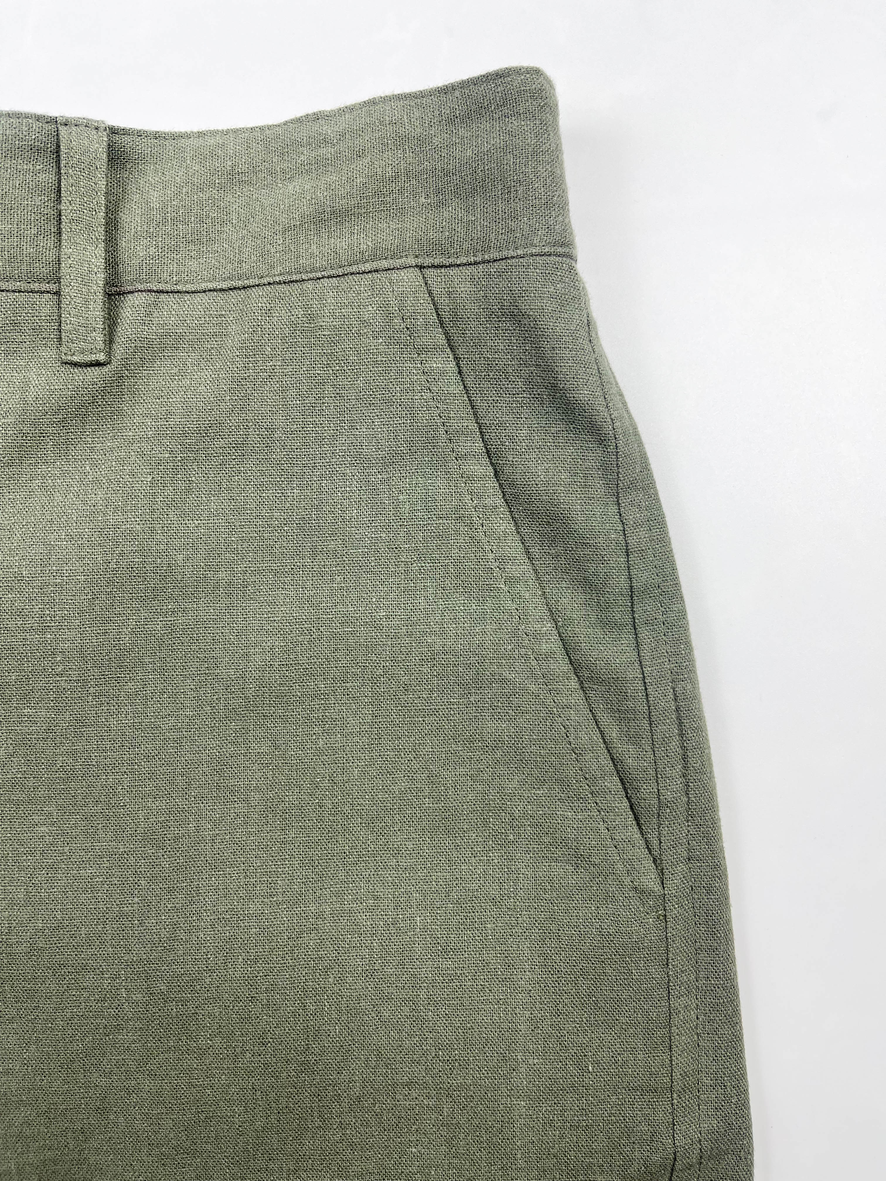 Front pocket detail of Army Green  linen Riviera Shorts – Saigon Concepts