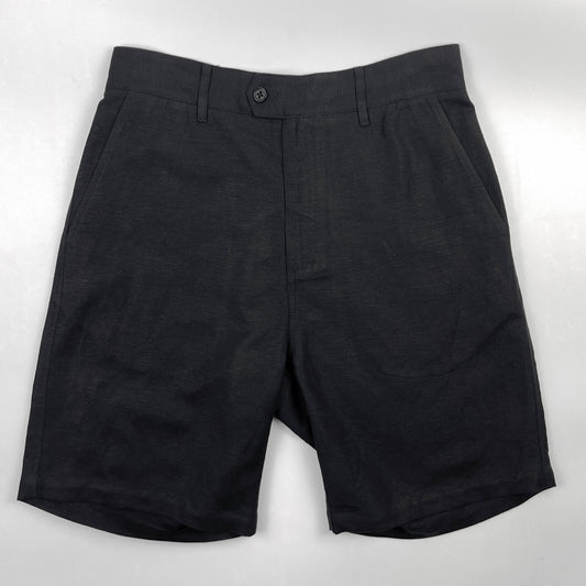 Front detail of black linen-cotton Riviera Shorts, button closure – Saigon Concepts