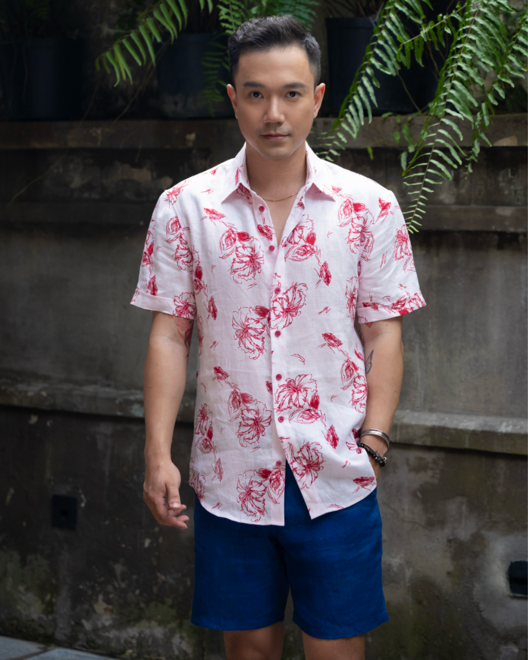 Men’s white linen shirt with red sketch hibiscus print, Ruby Aloha by Saigon Concepts