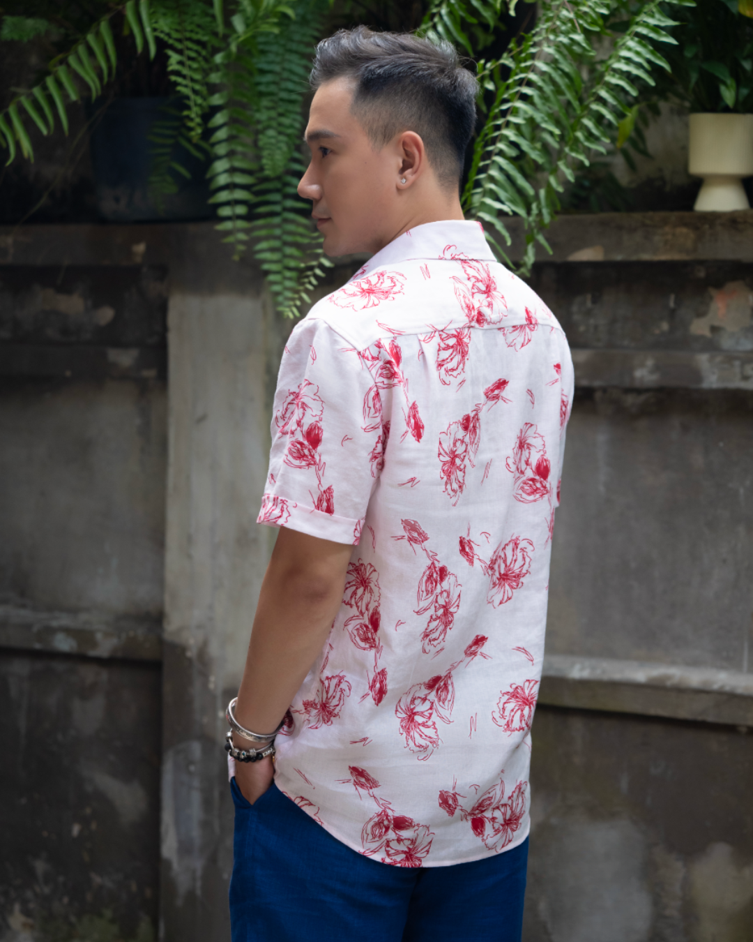 Back detail of men’s white linen shirt with red sketch hibiscus print, Ruby Aloha by Saigon Concepts