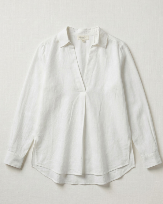 Pleated V-Neck Long Sleeve Shirt – White Linen Mix