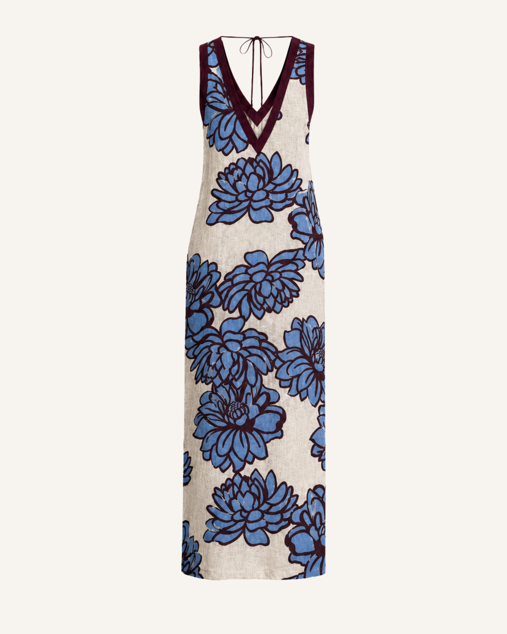 Ghost mannequin back view of a cream halter dress with a blue floral print