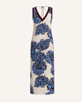 Ghost mannequin front view of a cream halter dress with a blue floral print