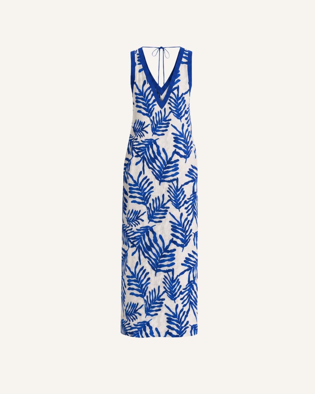 Ghost mannequin back view of a blue and white floral halter maxi dress