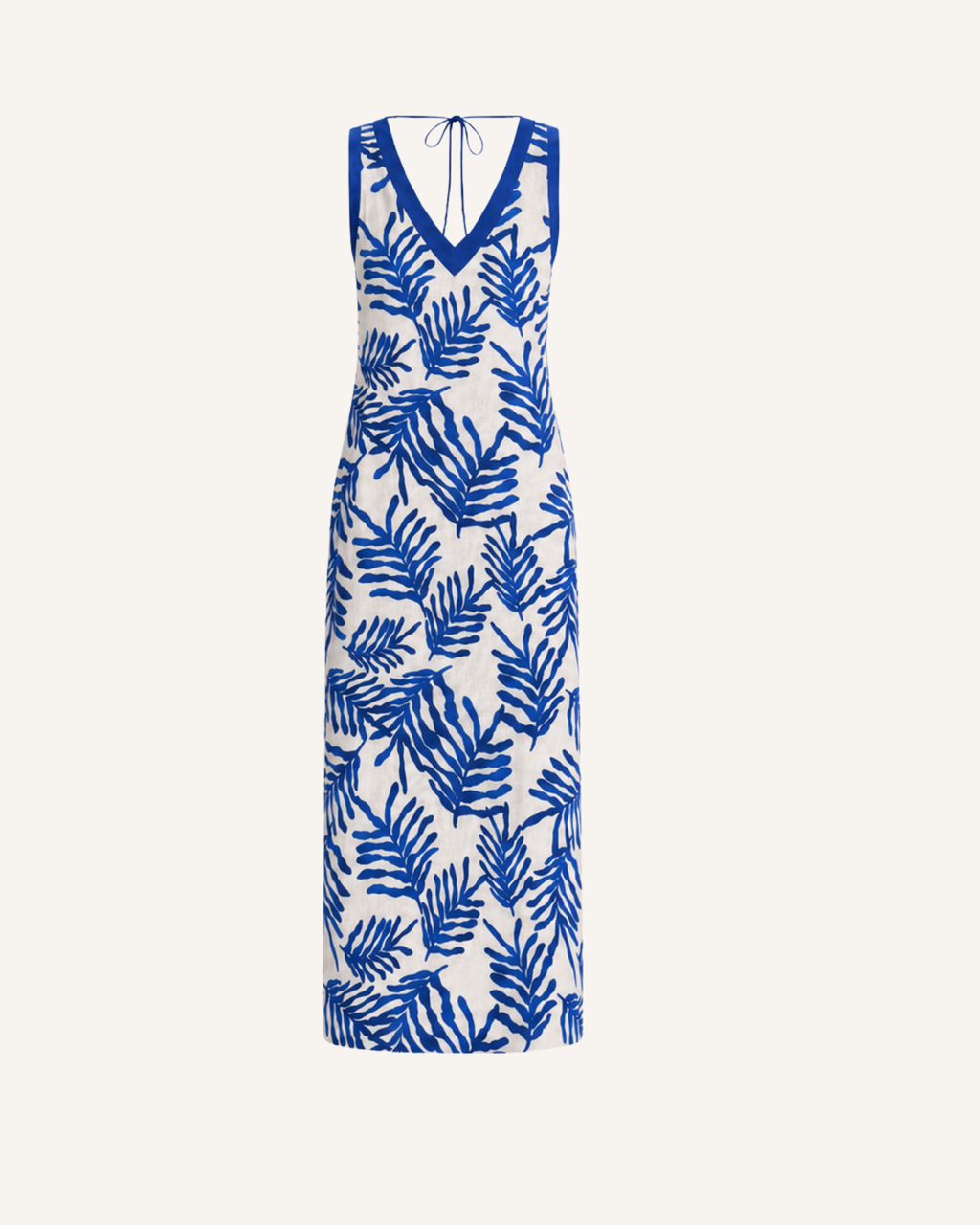 Ghost mannequin front view of a blue and white floral halter maxi dress