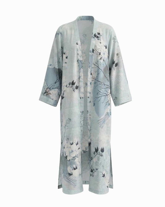 Saigon Concepts Light blue organza linen kimono with delicate floral patterns on a white-light blue background - front view