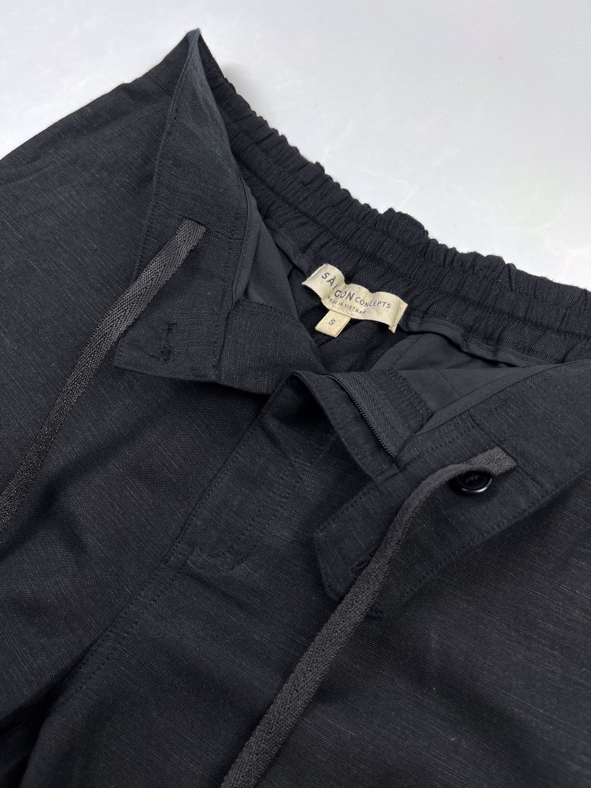 Saigon Concepts Black Linen Riviera Shorts - inside front drawstring detail view