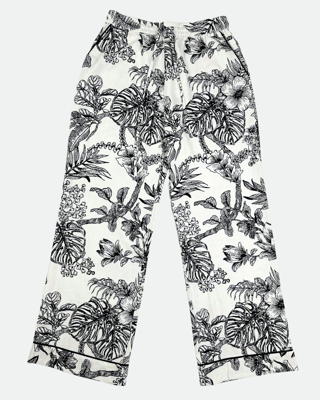 Saigon Concepts Women's botanical print pyjama pants with elastic waist and side pockets - full front view 