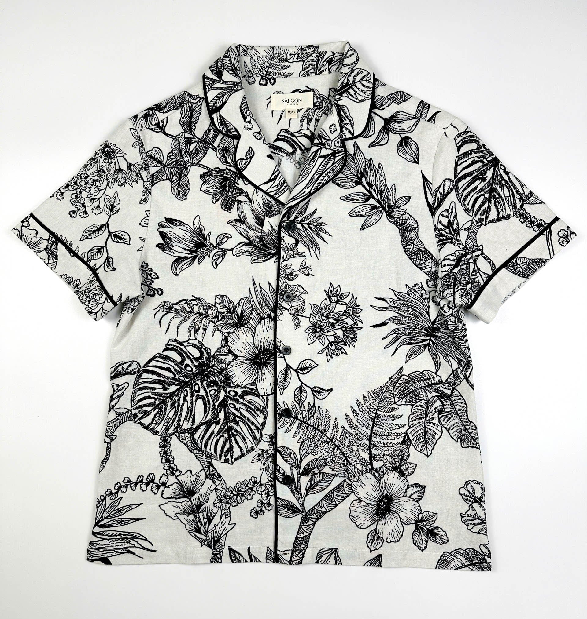 Saigon Concepts Short sleeve cotton-linen pyjama top with botanical print and button front
