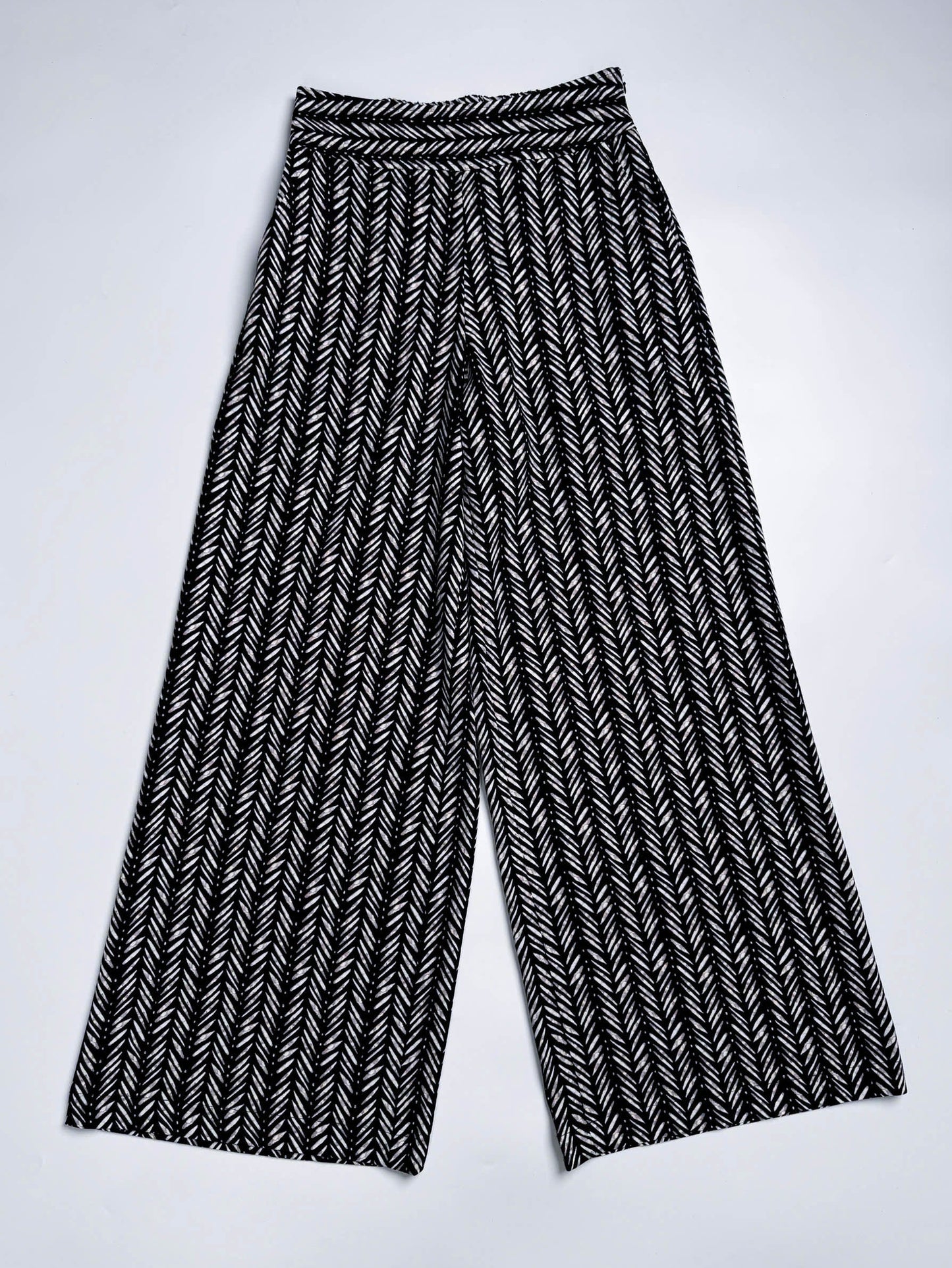 Saigon Concepts Chevron Safari Linen Pants with white chevron painted lines print on black - full front view