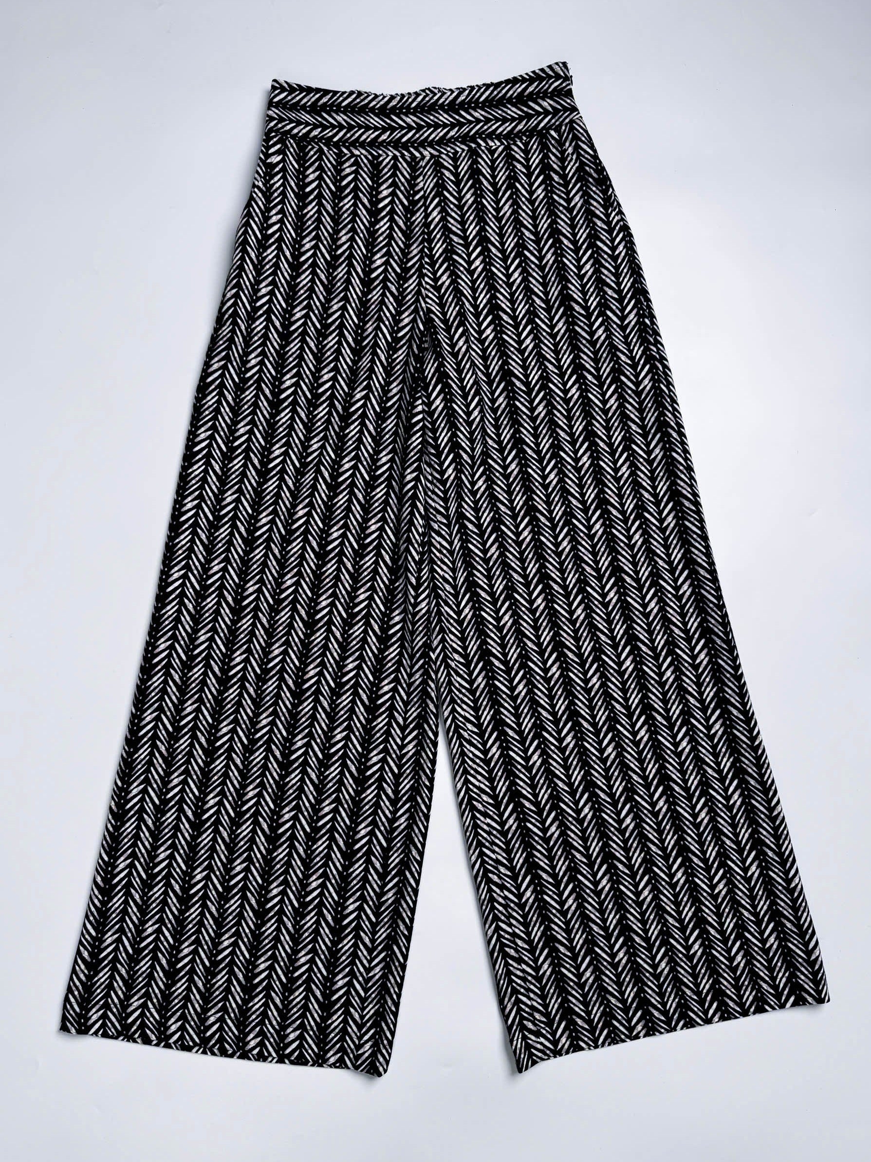 Saigon Concepts Chevron Safari Linen Pants with white chevron painted lines print on black - full front view