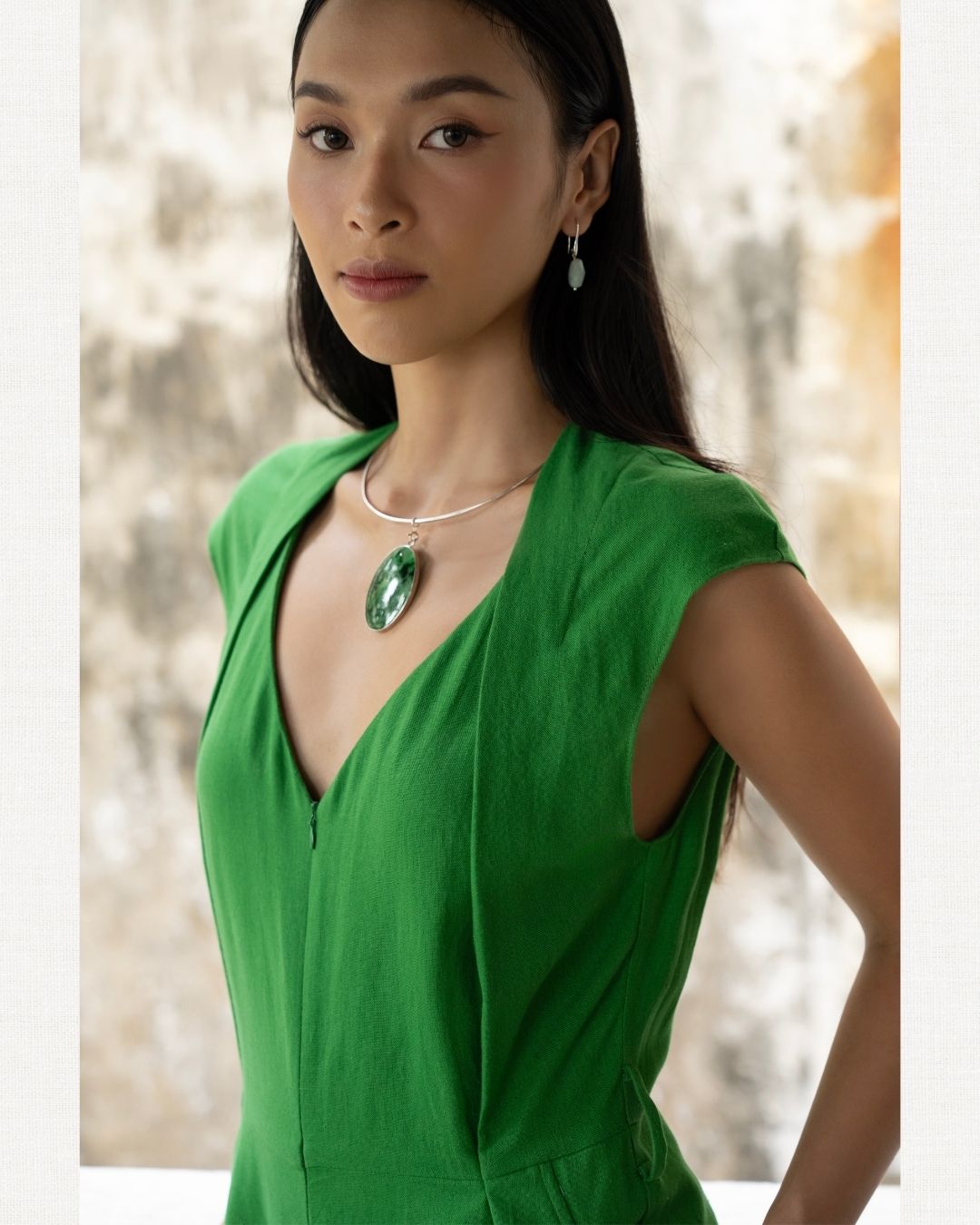 Green - Linen-Cotton - Cap Sleeve Wide-Leg Jumpsuit