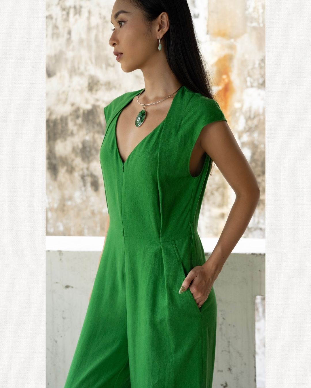 Green - Linen-Cotton - Cap Sleeve Wide-Leg Jumpsuit