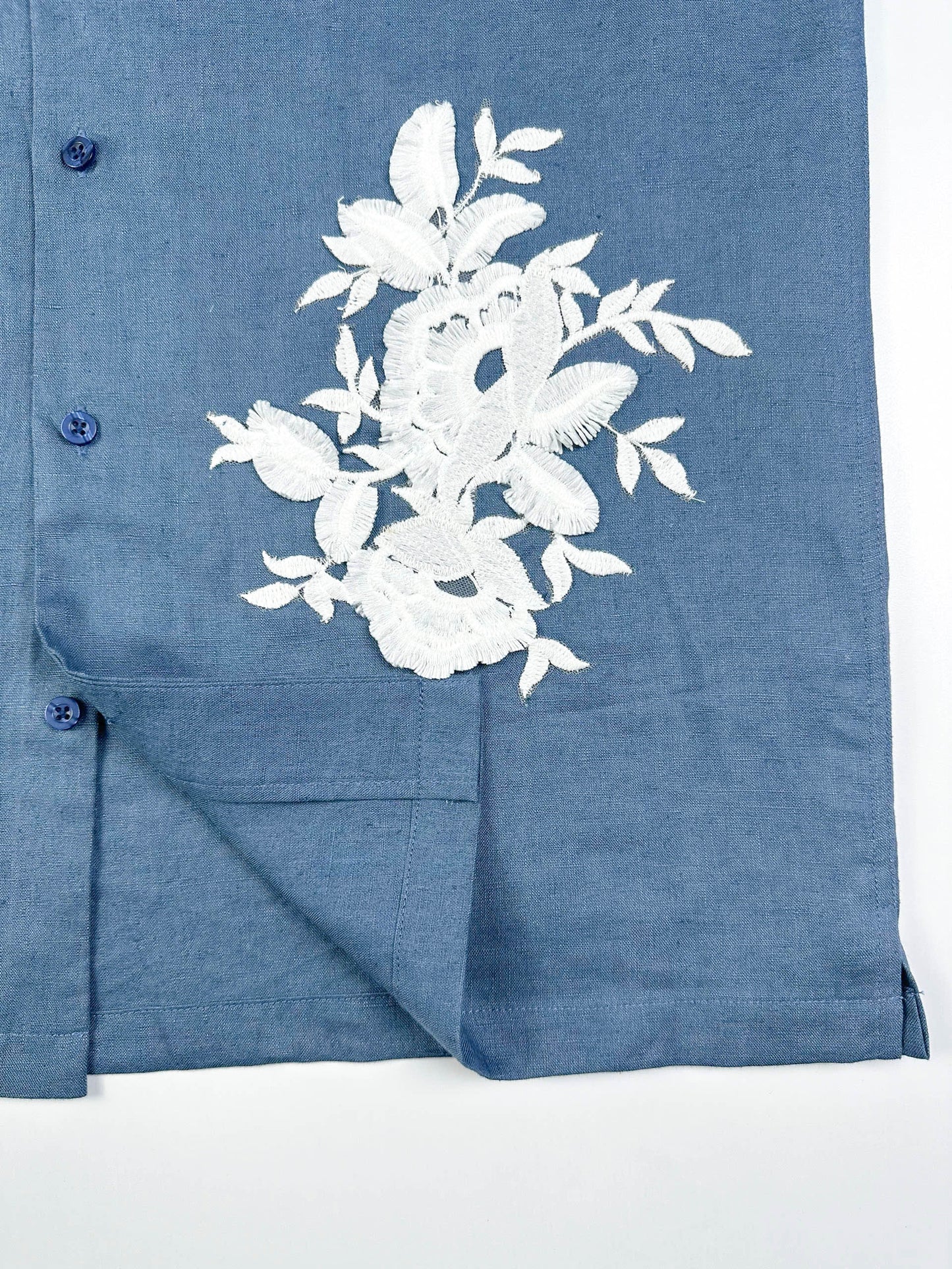 Saigon Concepts Blue steel linen Hawaiian shirt with white lace appliqué detail - seam and lace detail view