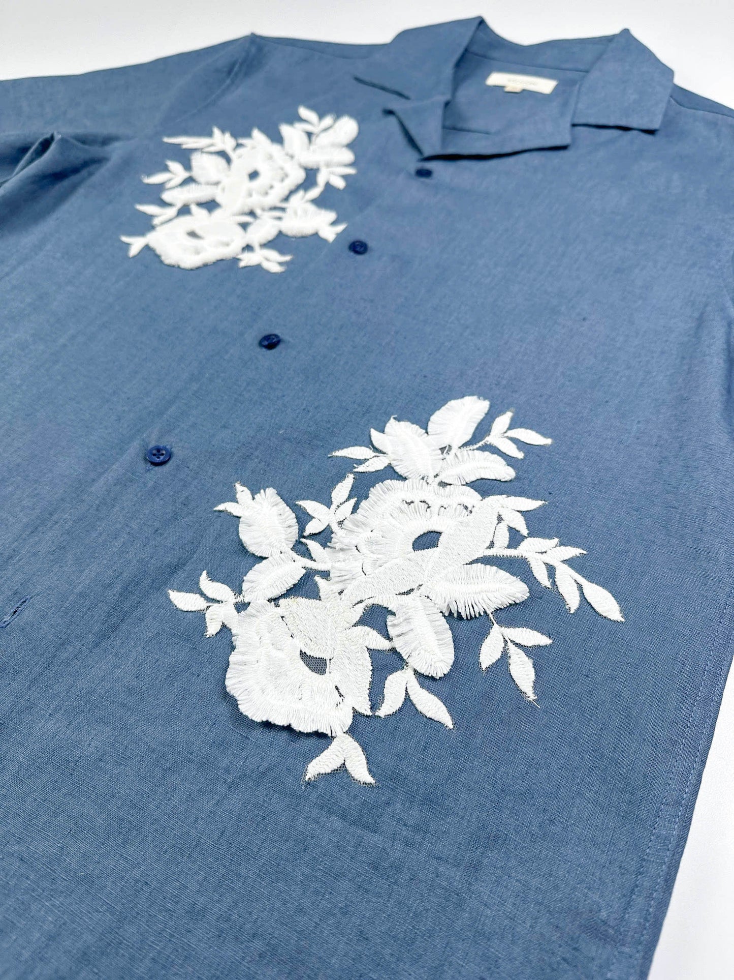 Saigon Concepts Blue steel linen Hawaiian shirt with white lace appliqué detail - front side view