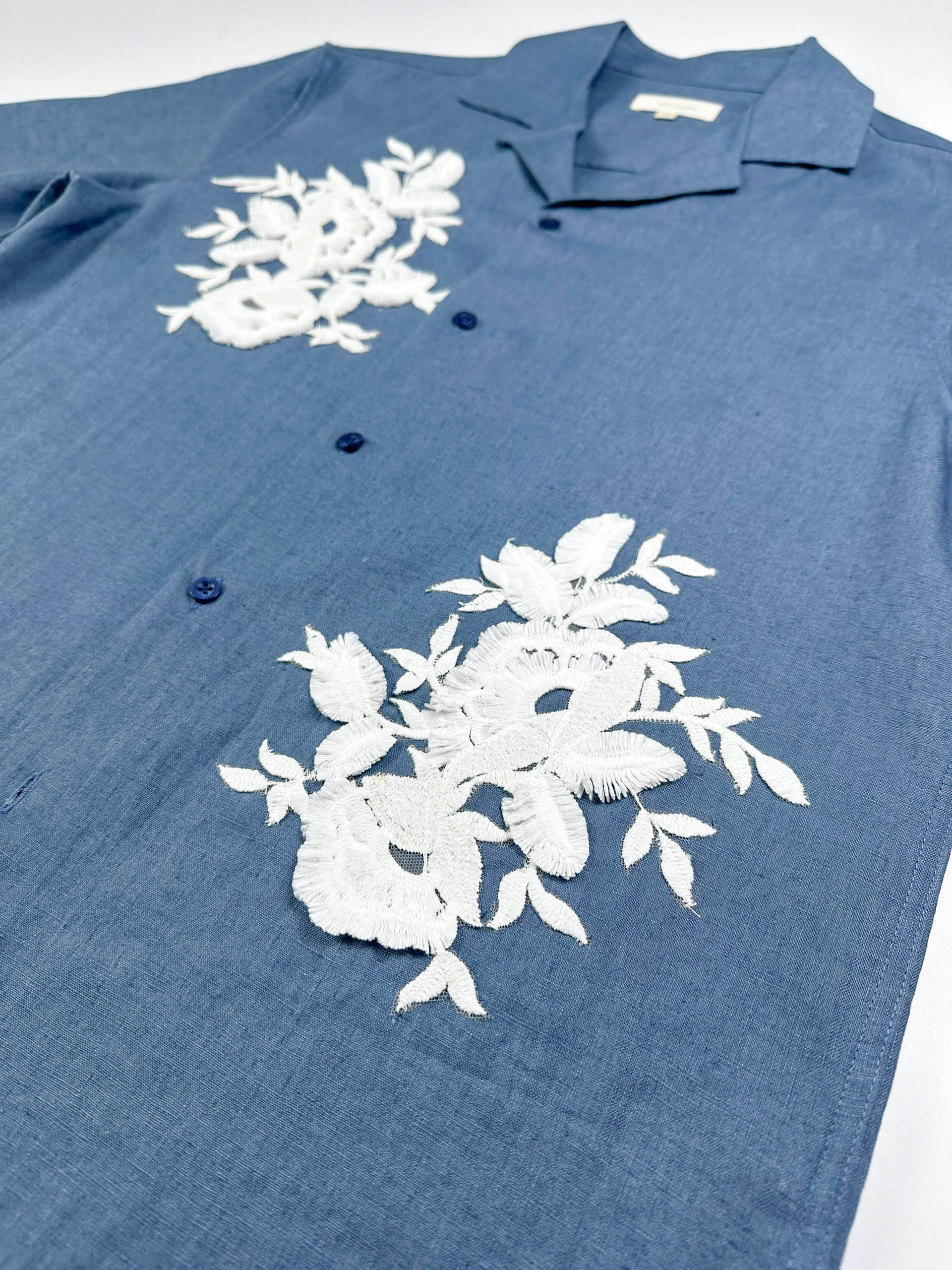Saigon Concepts Blue steel linen Hawaiian shirt with white lace appliqué detail - front side view