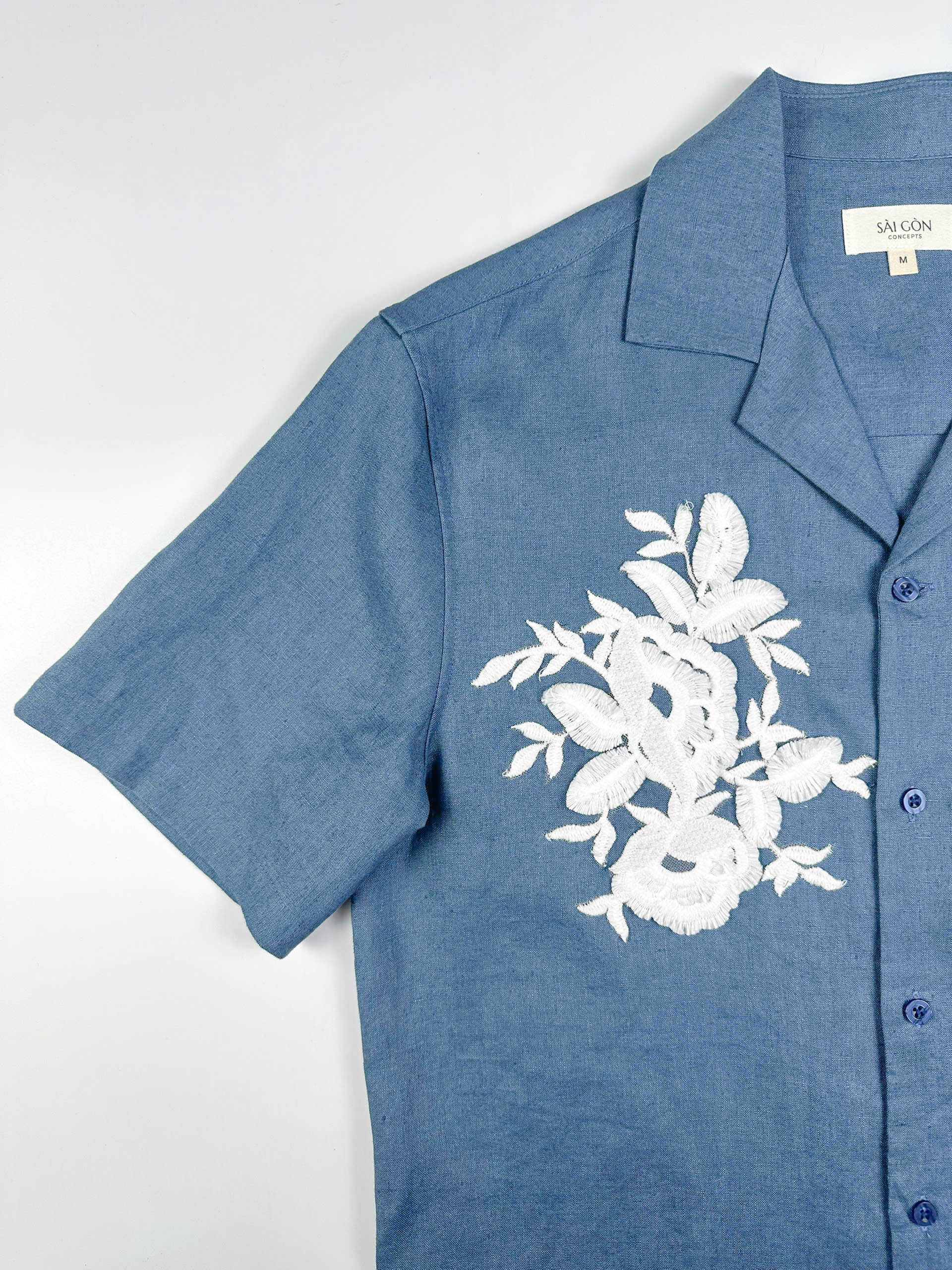Saigon Concepts Blue steel linen Hawaiian shirt with white lace appliqué detail - sleeve and lace detail