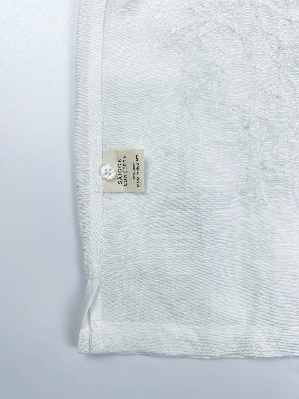 Natural White - 100% Linen Hawaiian Shirt with Lace Appliqué