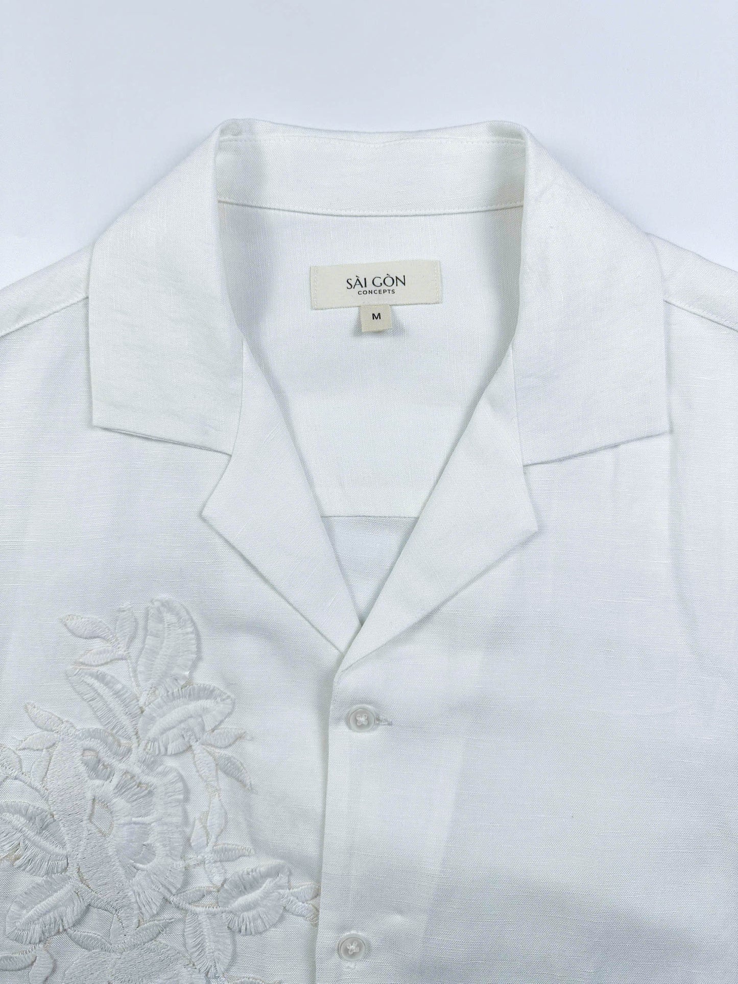 Natural White - 100% Linen Hawaiian Shirt with Lace Appliqué