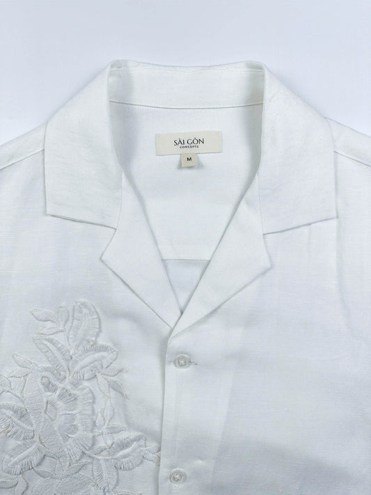 Natural White - 100% Linen Hawaiian Shirt with Lace Appliqué
