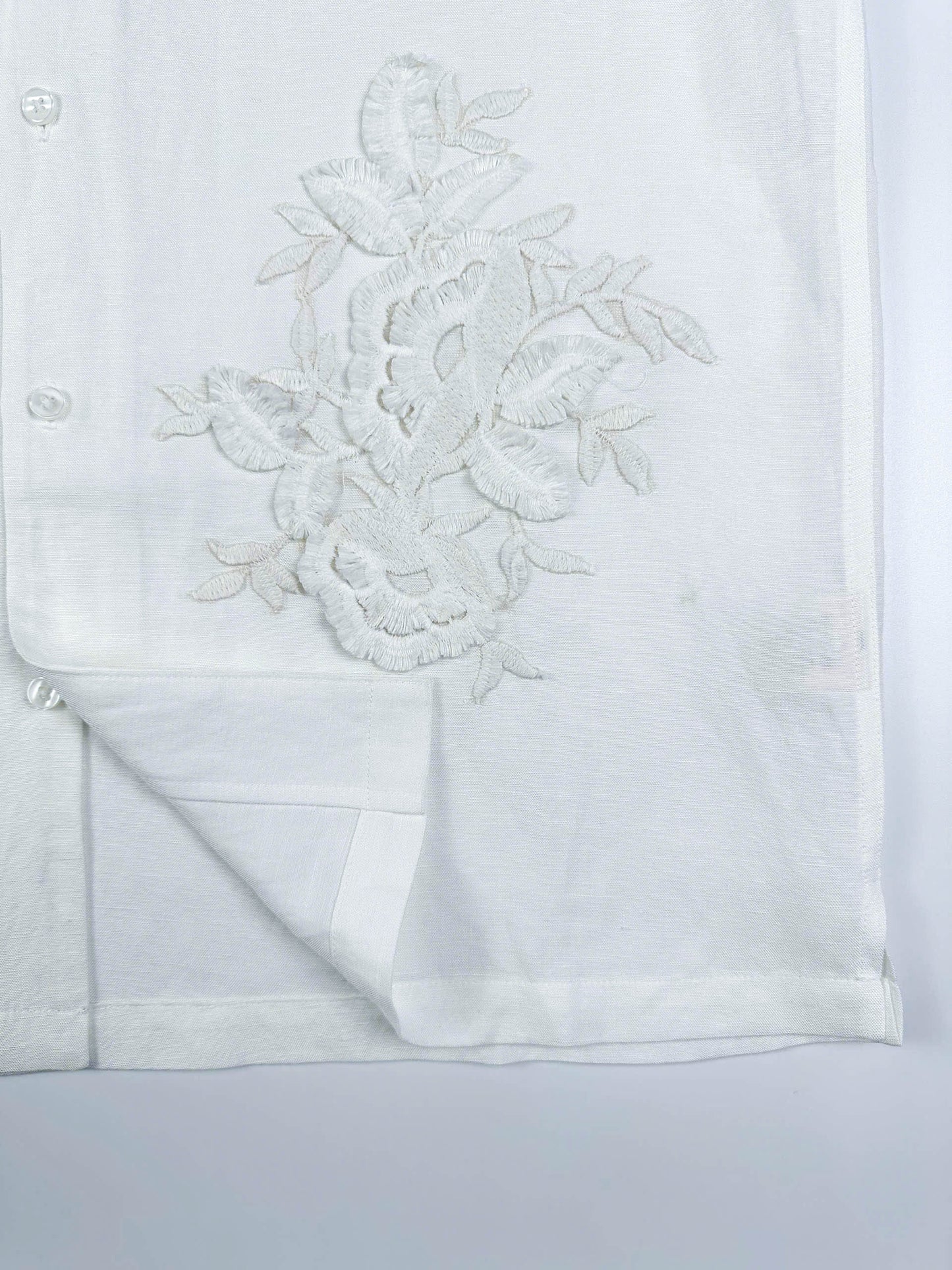 Natural White - 100% Linen Hawaiian Shirt with Lace Appliqué