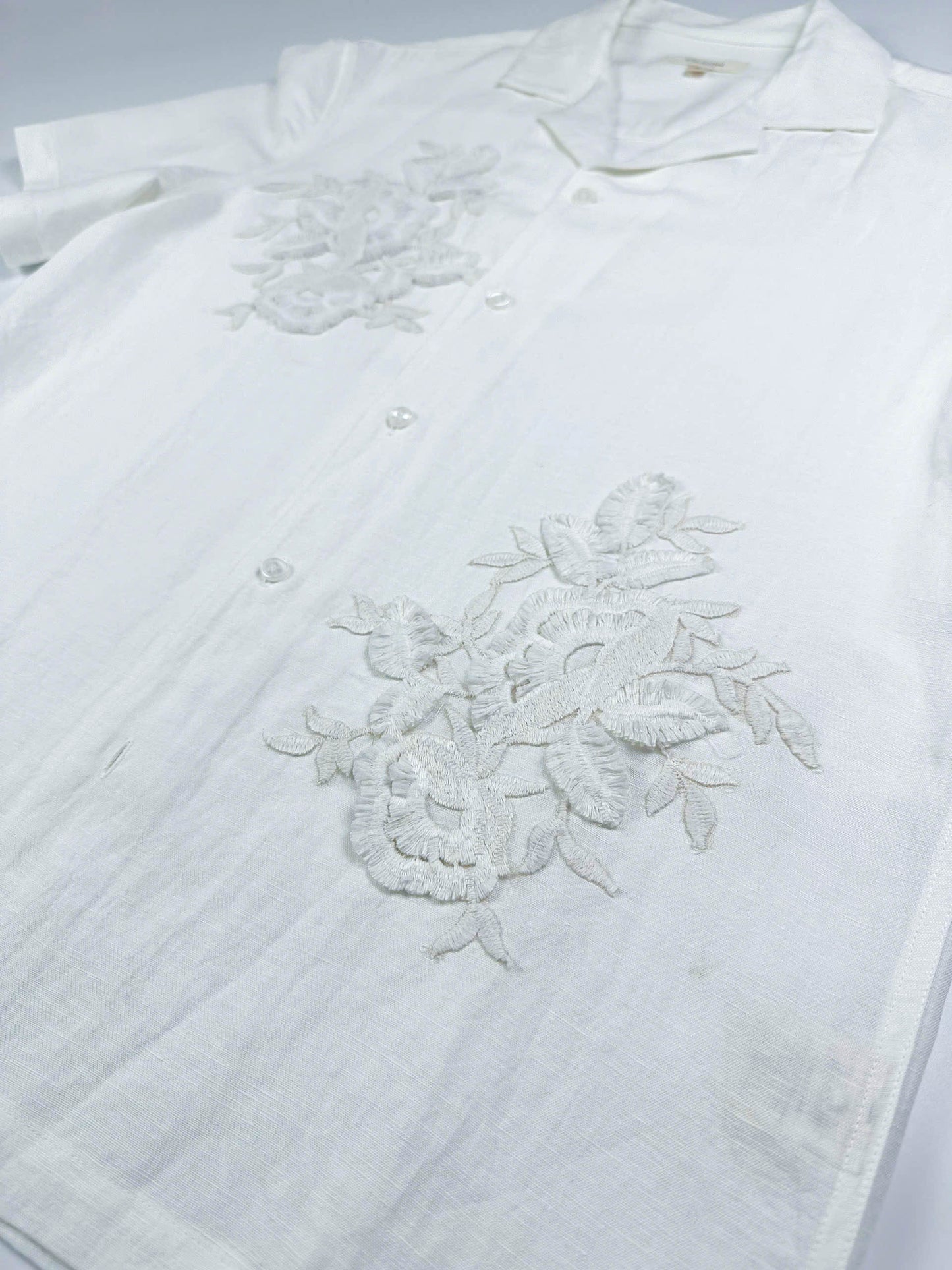 Natural White - 100% Linen Hawaiian Shirt with Lace Appliqué