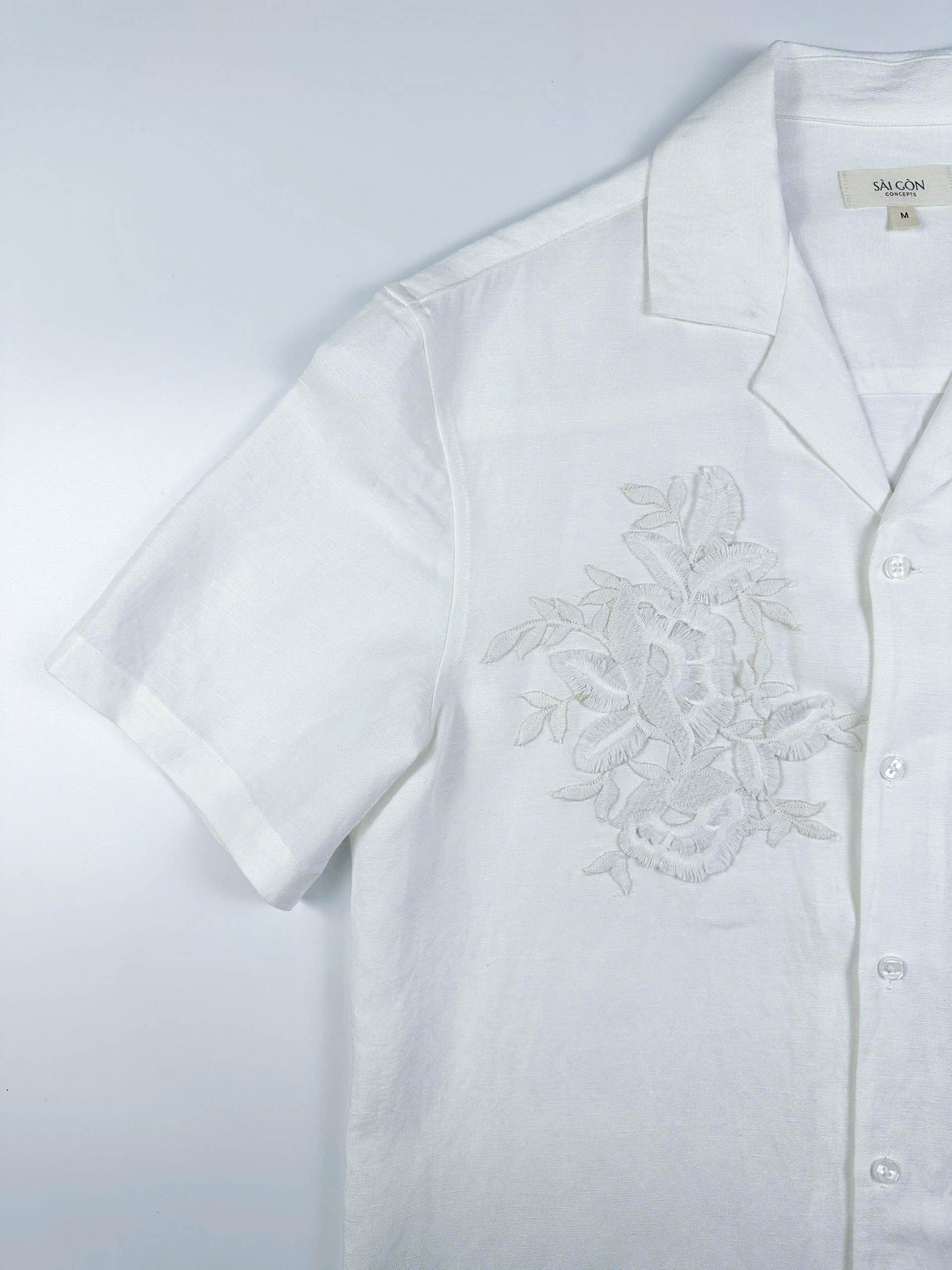 Natural White - 100% Linen Hawaiian Shirt with Lace Appliqué