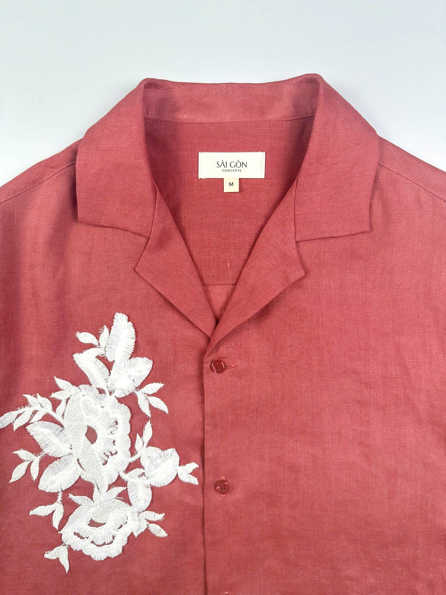 Saigon Concepts Rose coloured linen Hawaiian Shirt with white lace appliqué - Front Collar detail