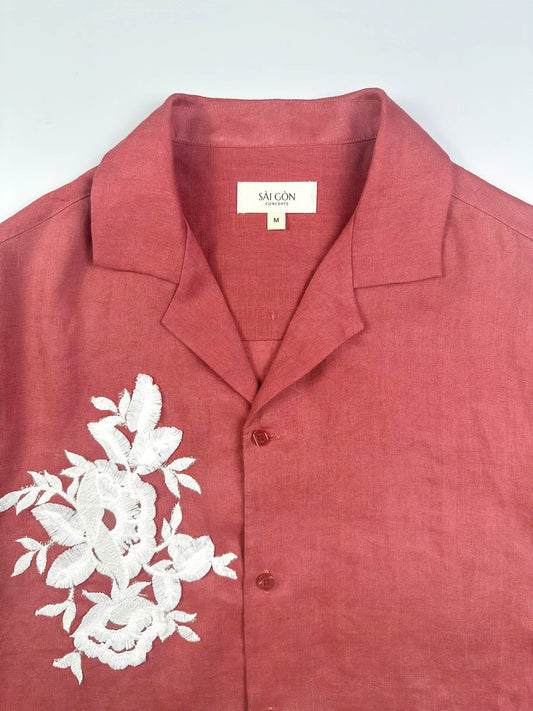 Saigon Concepts Rose coloured linen Hawaiian Shirt with white lace appliqué - Front Collar detail