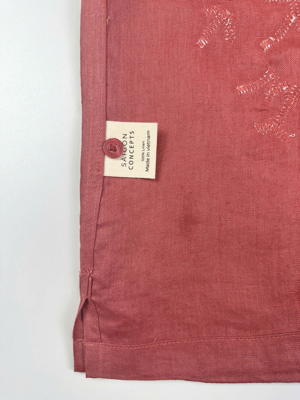 Saigon Concepts Rose coloured linen Hawaiian Shirt with white lace appliqué - care label with spare button detail