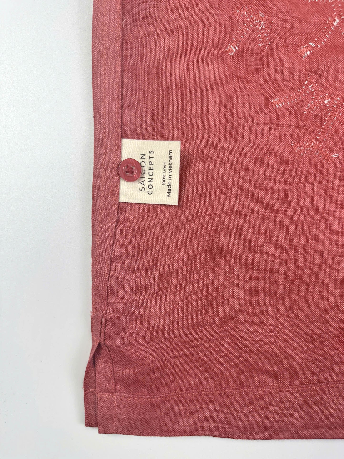 Saigon Concepts Rose coloured linen Hawaiian Shirt with white lace appliqué - care label with spare button detail