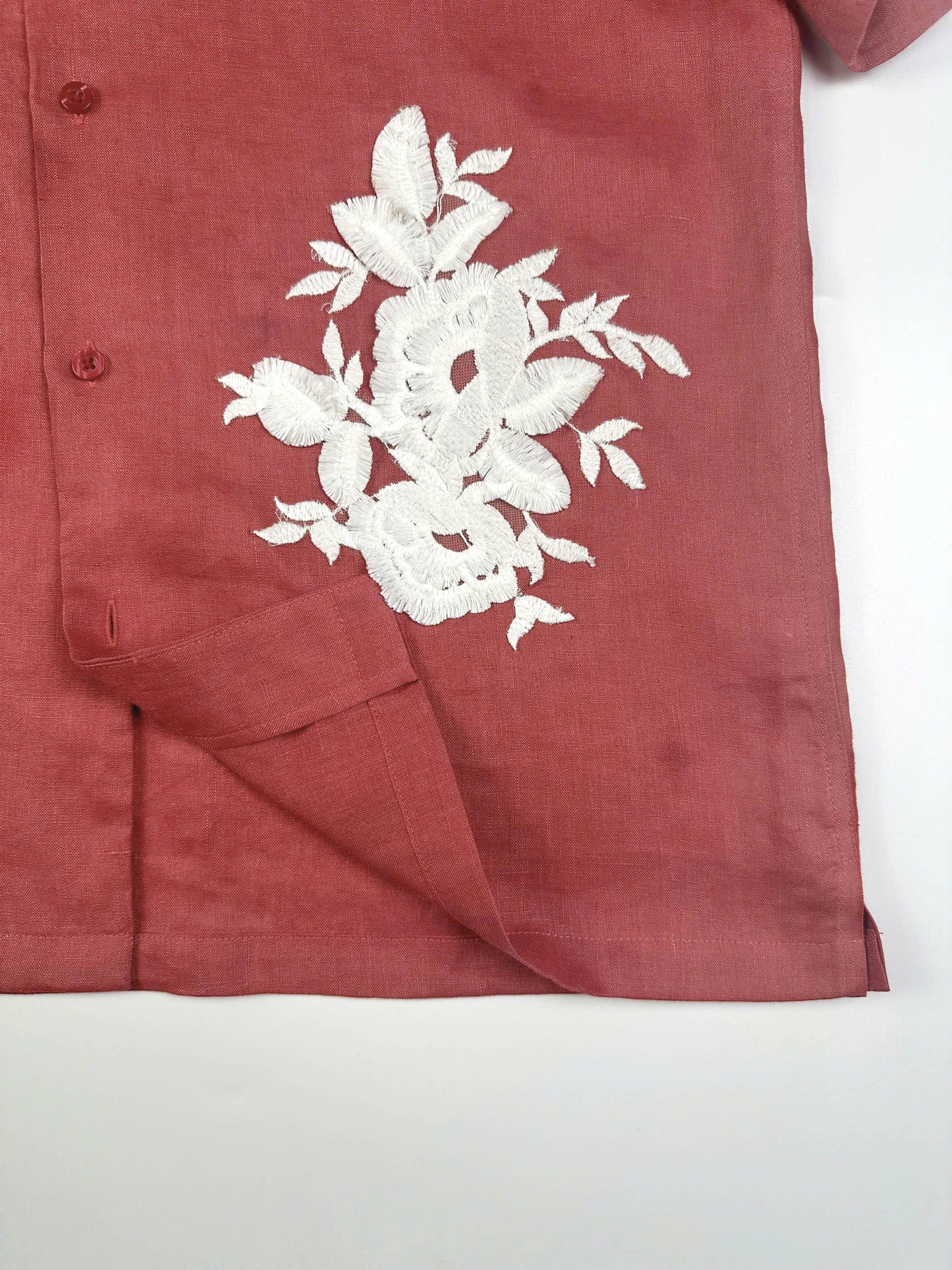 Saigon Concepts Rose coloured linen Hawaiian Shirt with white lace appliqué - seam detail