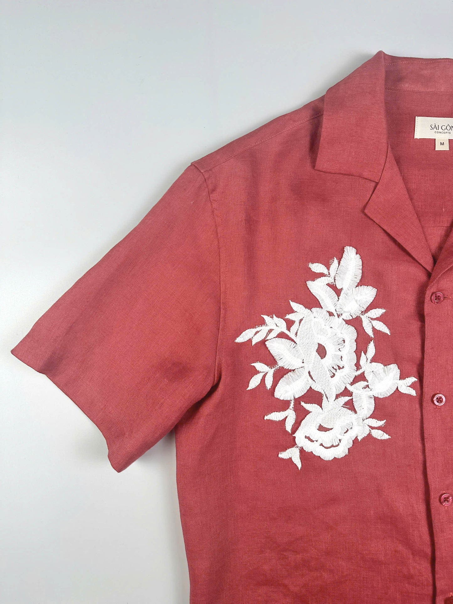 Saigon Concepts Rose coloured linen Hawaiian Shirt with white lace appliqué - sleeve detail