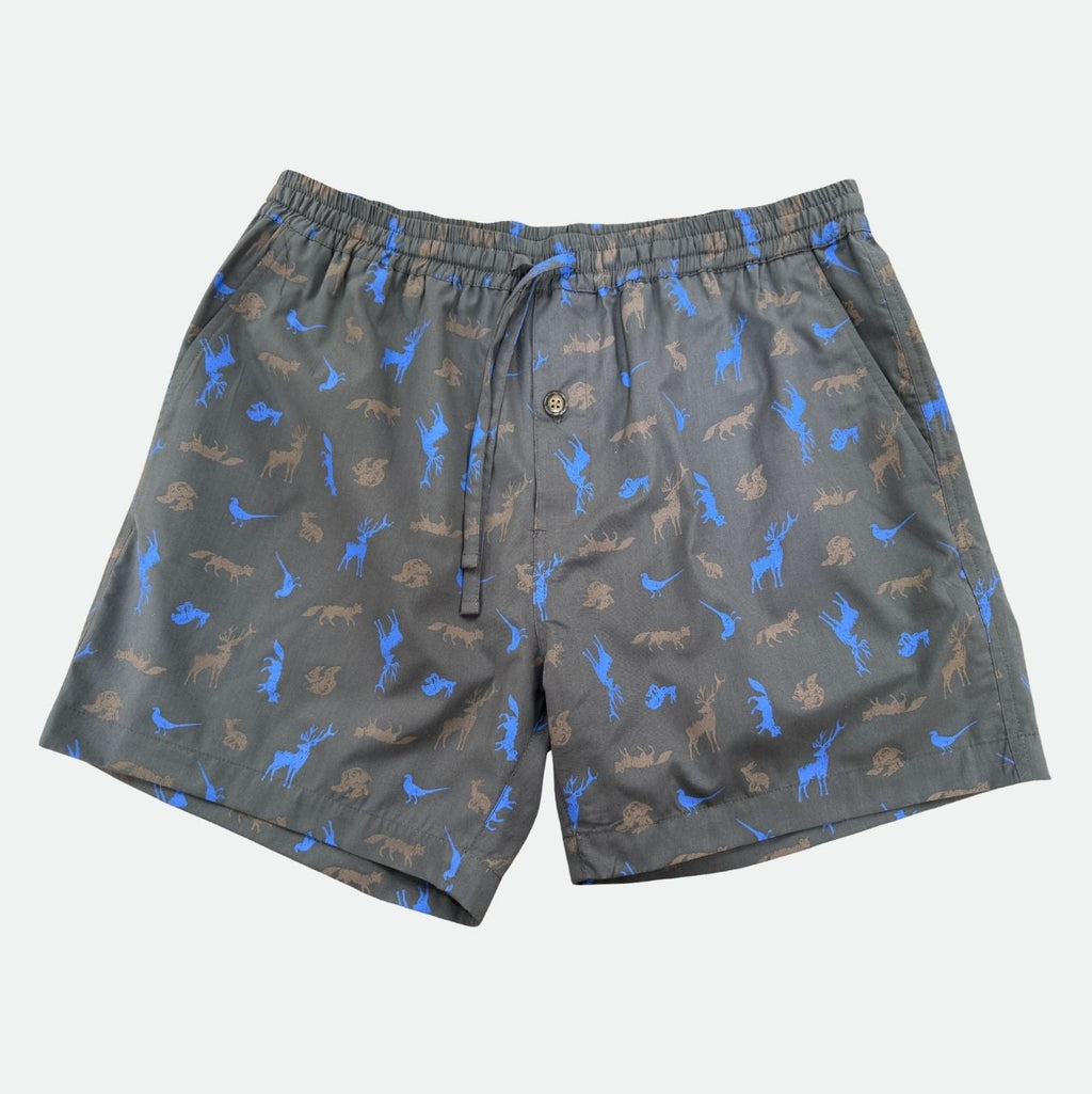 Slate gray shorts with blue and tan animal print pattern on a light gray background - front lay flat look
