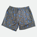Slate gray shorts with blue and tan animal print pattern on a light gray background - front lay flat look