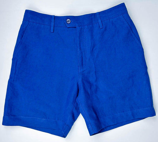 Saigon Concepts Cobalt Blue Riviera Shorts - Flat Front View with button and front fly detail on a grey background