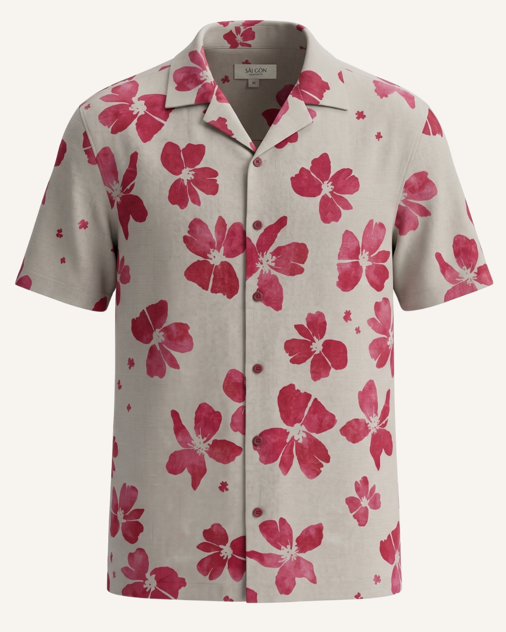 Beige- light cream colour shirt with ruby red hibiscus floral pattern on a white background - 3D view