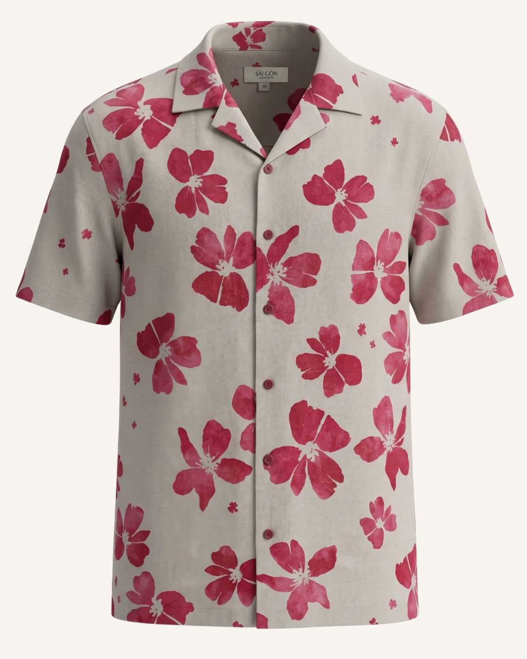 Beige- light cream colour shirt with ruby red hibiscus floral pattern on a white background - 3D view