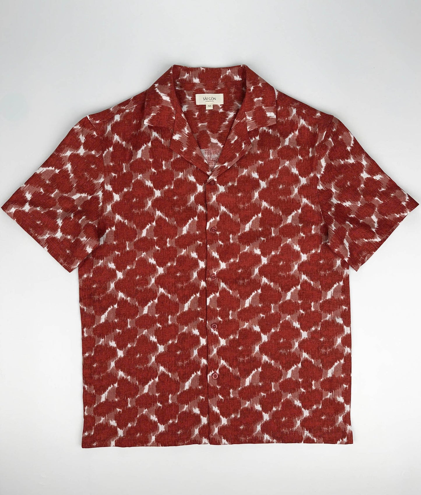 Saigon Concepts Hawaiian Shirt with Red ink blot patterned shirt on a white background