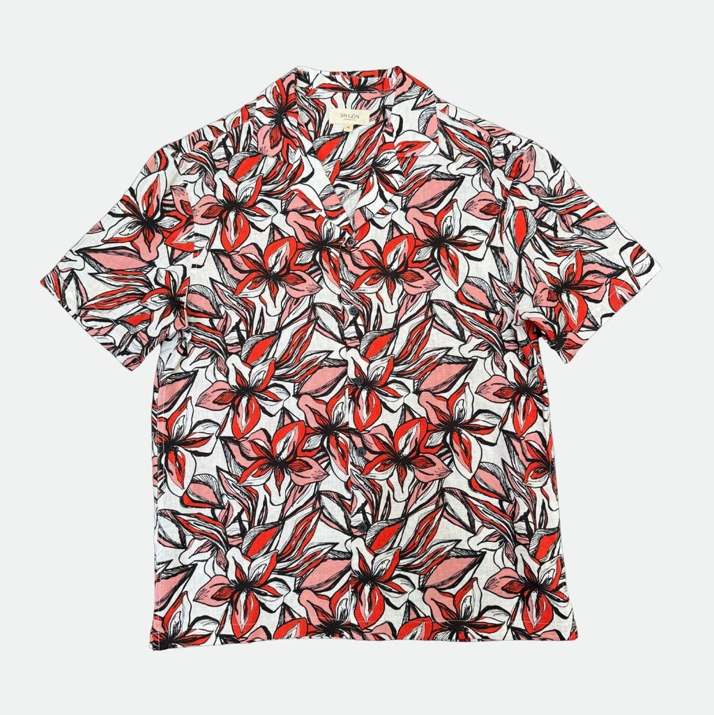 Red and black floral patterned Hawaiian shirt on a white background - lay flat front view