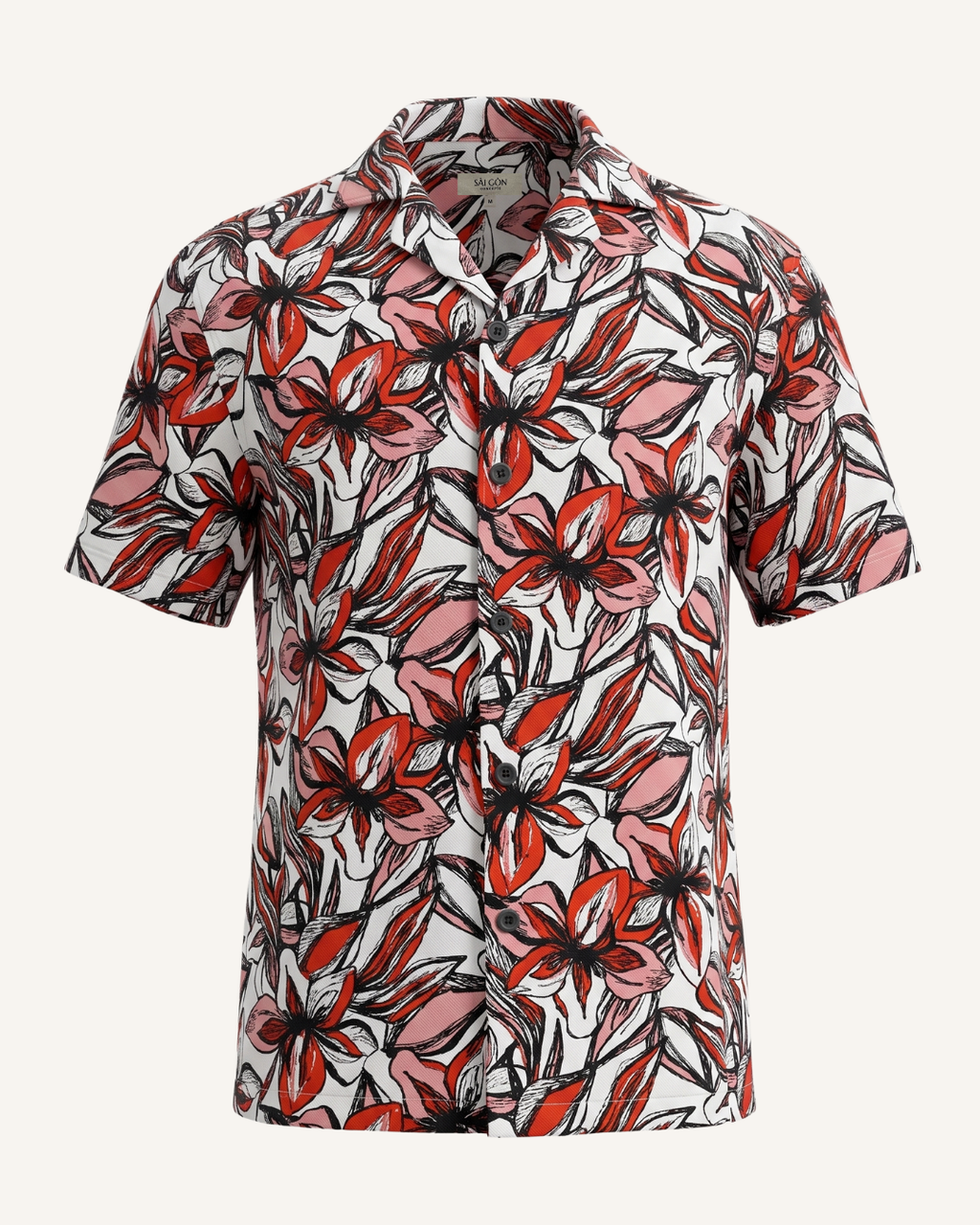 Red and black floral patterned Hawaiian shirt on a white background - 3D view