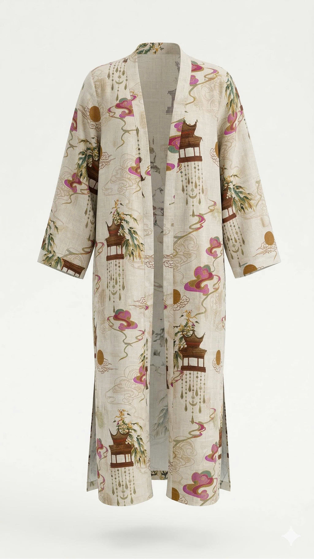 Saigon Concepts kimono-style robe with brown pagodas and pink Asia inspired swirls printed on a cream linen organza fabric - 3D mannequin front view