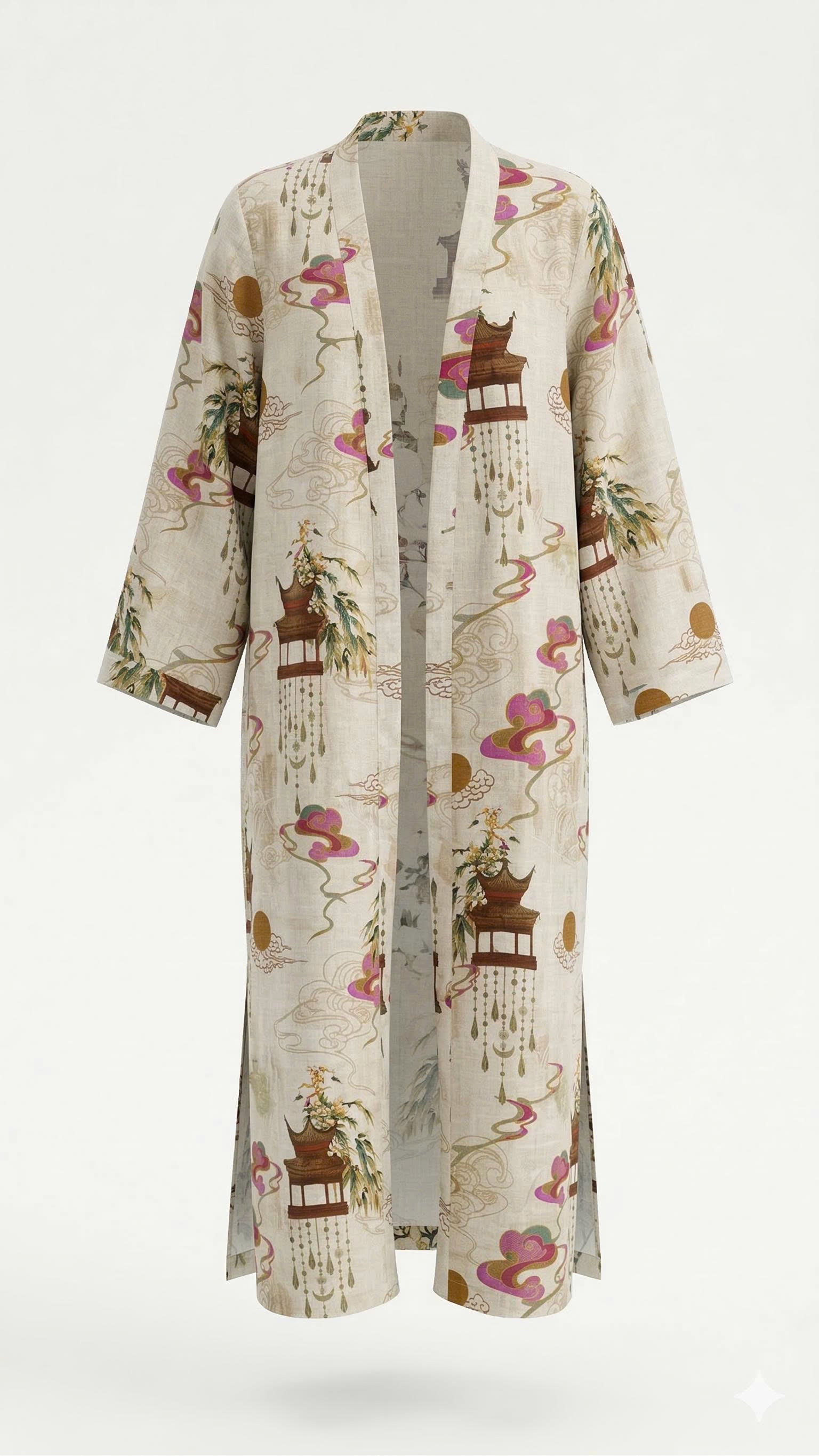 Saigon Concepts kimono-style robe with brown pagodas and pink Asia inspired swirls printed on a cream linen organza fabric - 3D mannequin front view