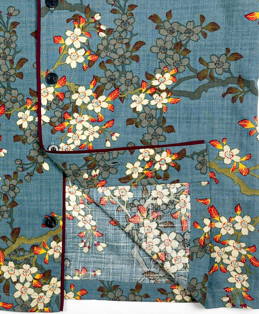 Teal Blue Blossom Short Sleeve Pyjama-Style Top - Linen-Cotton Super Soft