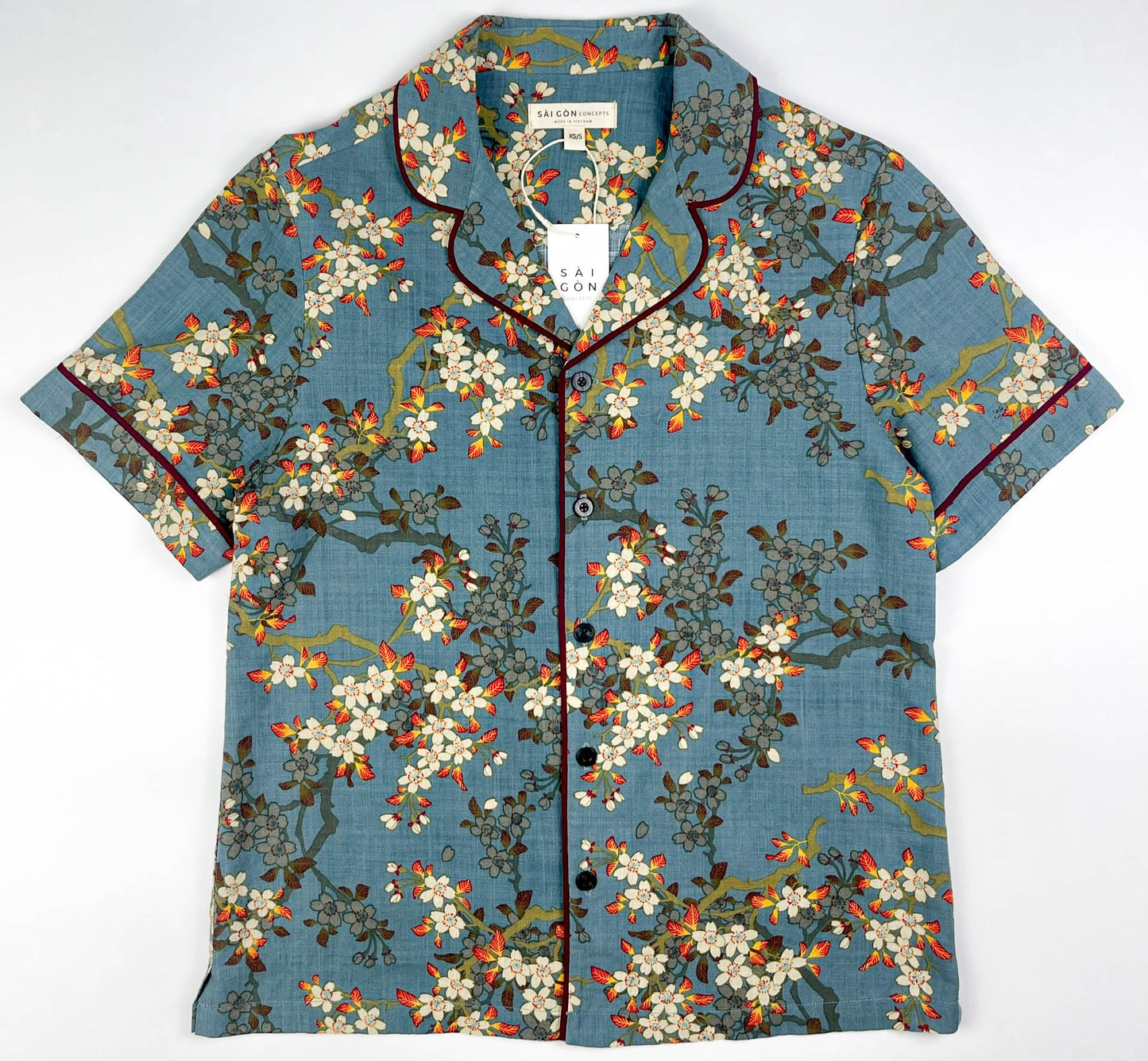 Teal Blue Blossom Short Sleeve Pyjama-Style Top - Linen-Cotton Super Soft