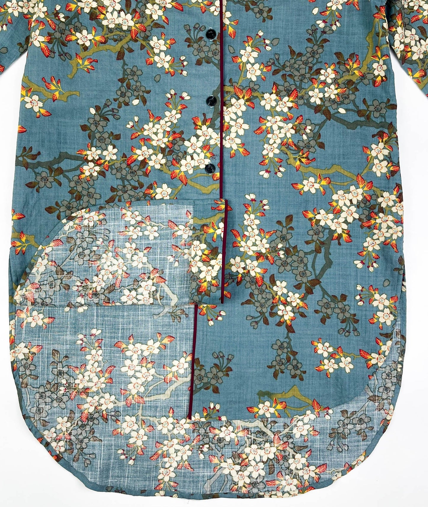 Teal Blue Blossom Long Sleeve Pyjama-Style Top - Linen-Cotton Super Soft