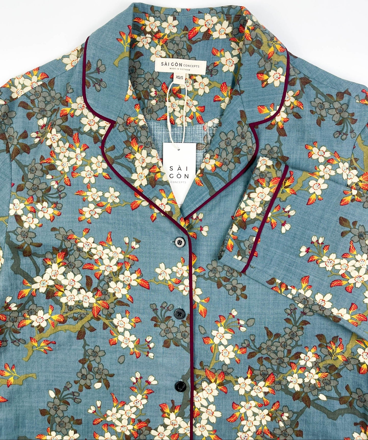 Teal Blue Blossom Long Sleeve Pyjama-Style Top - Linen-Cotton Super Soft