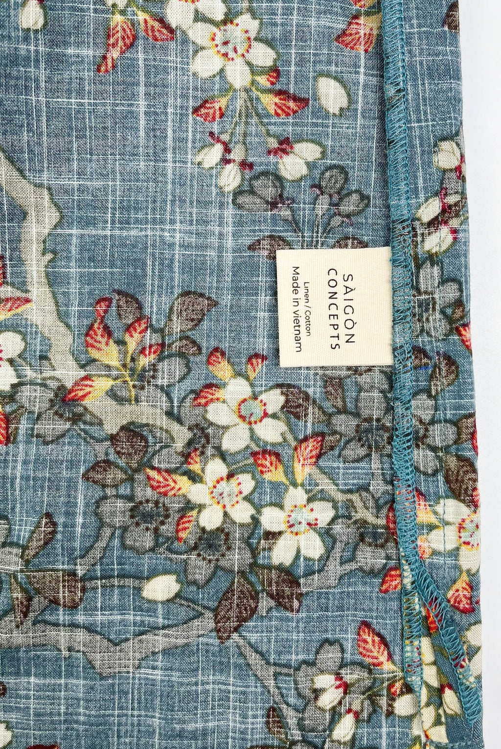 Teal Blue Blossom Long Sleeve Pyjama-Style Top - Linen-Cotton Super Soft