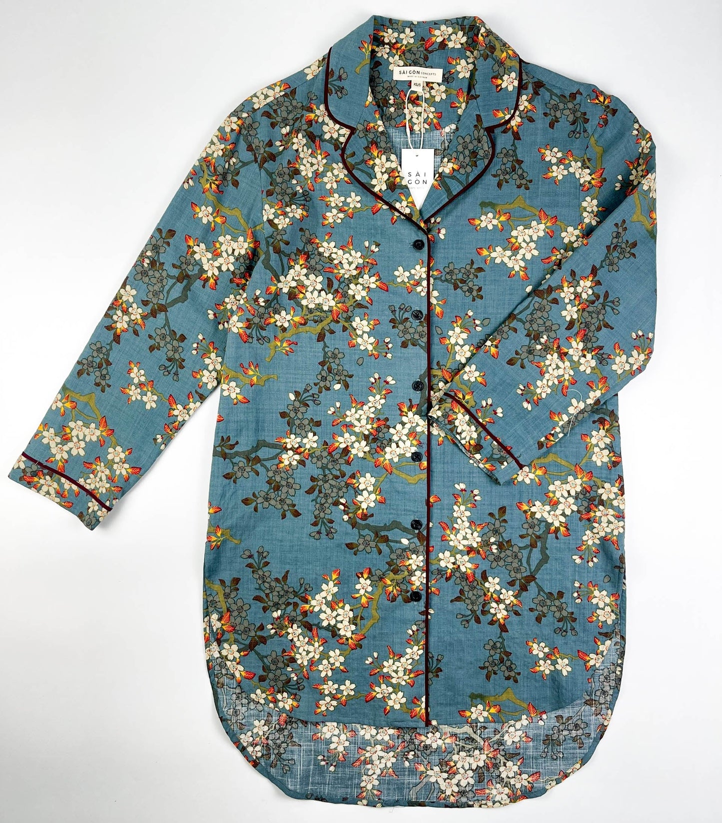 Teal Blue Blossom Long Sleeve Pyjama-Style Top - Linen-Cotton Super Soft